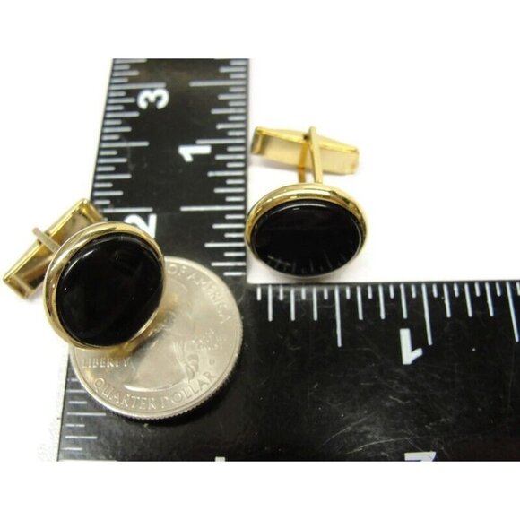 Gold Tone Black Cufflinks Shirt Buttons Set Formal Wedding Tux Vintage - Picture 7 of 11